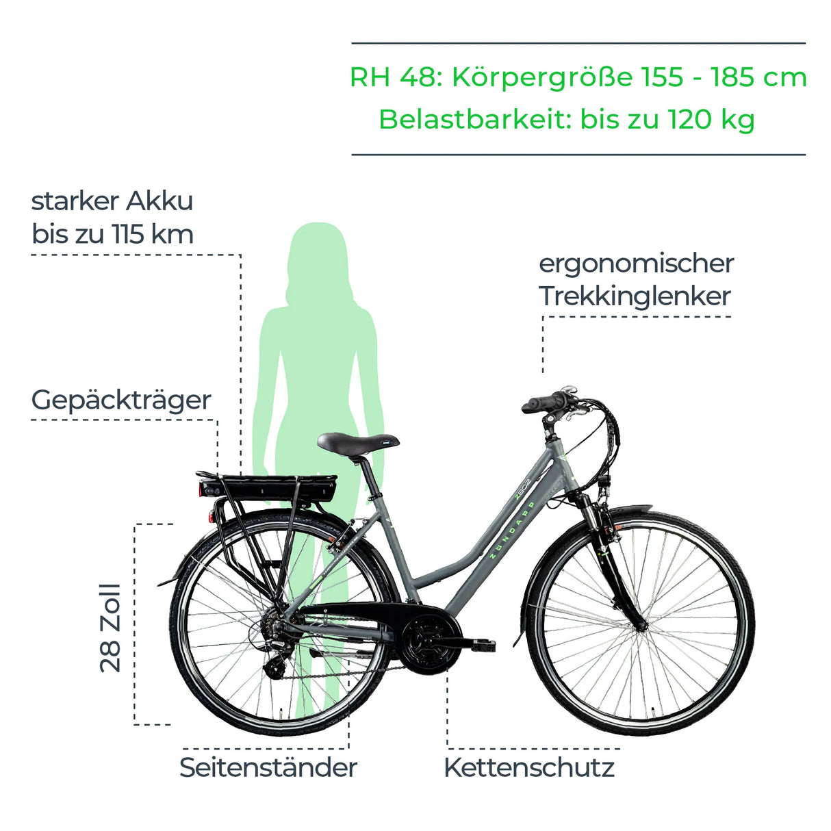 Zündapp Z802 E Bike Trekkingfiets dames vanaf 155 cm met naafmotor Pedelec Trekkingfiets met 21 versnellingen en verlichting StVZO